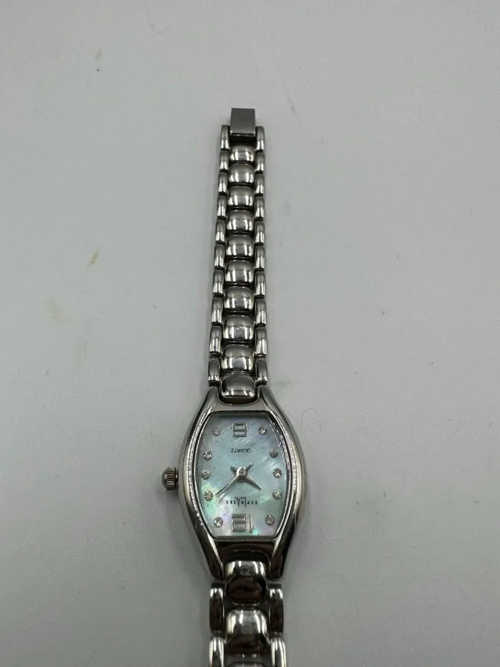 3/$30 LA Express Watch Women Silver Tone Blue Mother Of Pearl Dial 6.5